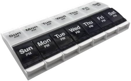 EZY DOSE Push Button (7-Day) Pill Case, Medicine Planner, Vitamin Organizer, 2 Times a Day AM/PM Container, X-Large Compartments, Arthritis Friendly, Effortless Open, Clear Lids, Blue/White, BPA Free