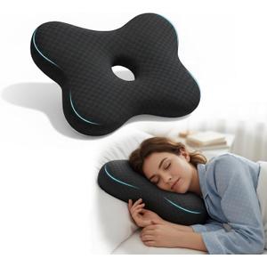 Pozico Ear Piercing Pillow with Hole  Butterfly Shape Side Sleeper Pillow for Ear Pain Relief, CNH, Surgery Recovery  Adjustable Filling, Ergonomic Support & Washable Cover, Black