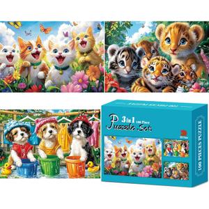 3-Pack 100 Piece Puzzles for Kids, Cute Dogs Cats Tigers Animals Puzzle for Kids Age 4-6 6-8 8-10, Unique Large Piece Jigsaw Puzzle, Recycled Paper, Bright & Colorful Educational Puzzle, Boys Girls Gift