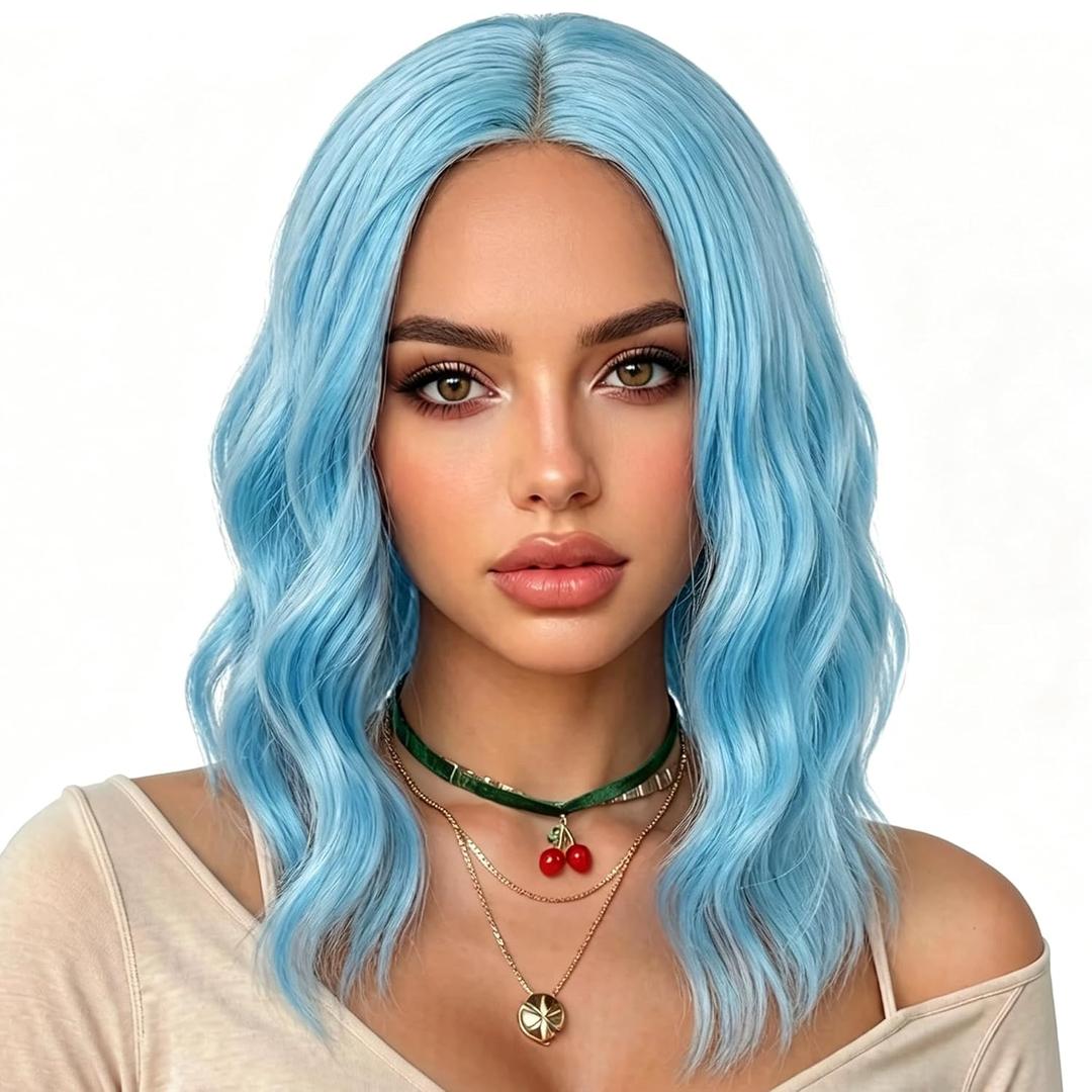 eNilecor Blue Wig, Short Colored Wigs Bob Wig for Women, Natural Wavy Colorful 14 Inch Middle Part Synthetic Wig for Cosplay Party Costume Sky Blue