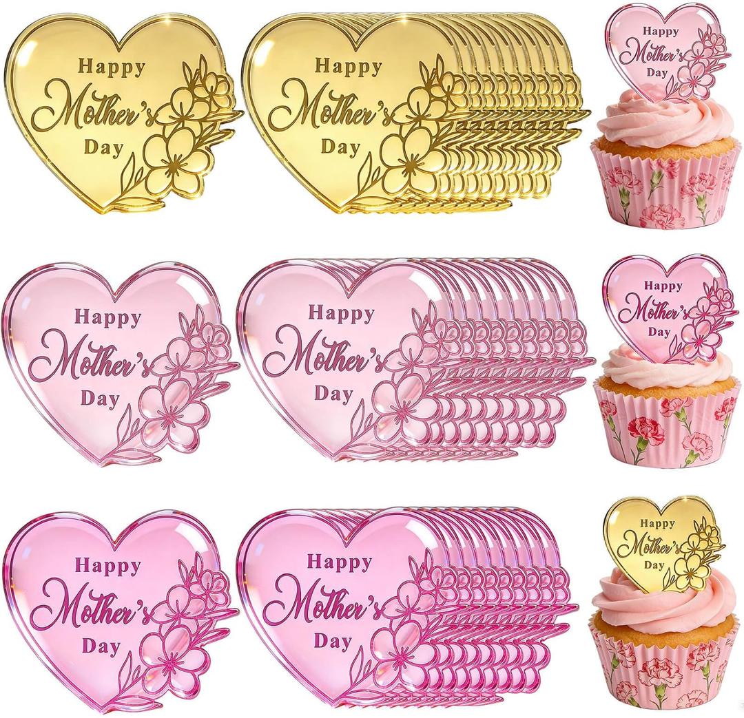 30Pcs Happy Mother's Day Cupcake Topper, Acrylic Cake Disc Heart Mirror Picks Engraved Mothers Day Cake Topper Heart Cupcake Decorations for Birthday Mother's Day Party Favor Gifts Decor (Heart), Standard