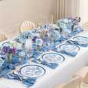 50pcs Blue and White Floral Plastic Plates Fancy for Weddings, 10.5inch and 8inch