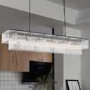 L59 Modern Black Rectangle Glass Chandelier for Dining Room Contemporary Glass Light Fixture Linear Kitchen Island Pendant Ceiling Light Oblong Raindrop Chandelier Lighting 21-Light