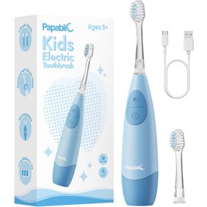 Papablic Kids Electric Toothbrush for Ages 4+ Children Girls and Boys, USB Rechargeable with Smart Brushing Timer, LED Light & 2 Replacement Brush Heads, Blue