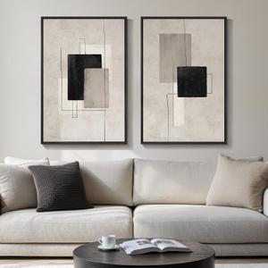 Large Framed Neutral Abstract Wall Art Set of 2, Black Beige Modern Canvas Prints Paintings Artwork for Walls, Minimalist Block Lines Pictures for Living Room Dining Room Bedroom Wall Decor 20x30 In, 20" W x 30" H x 2Pcs