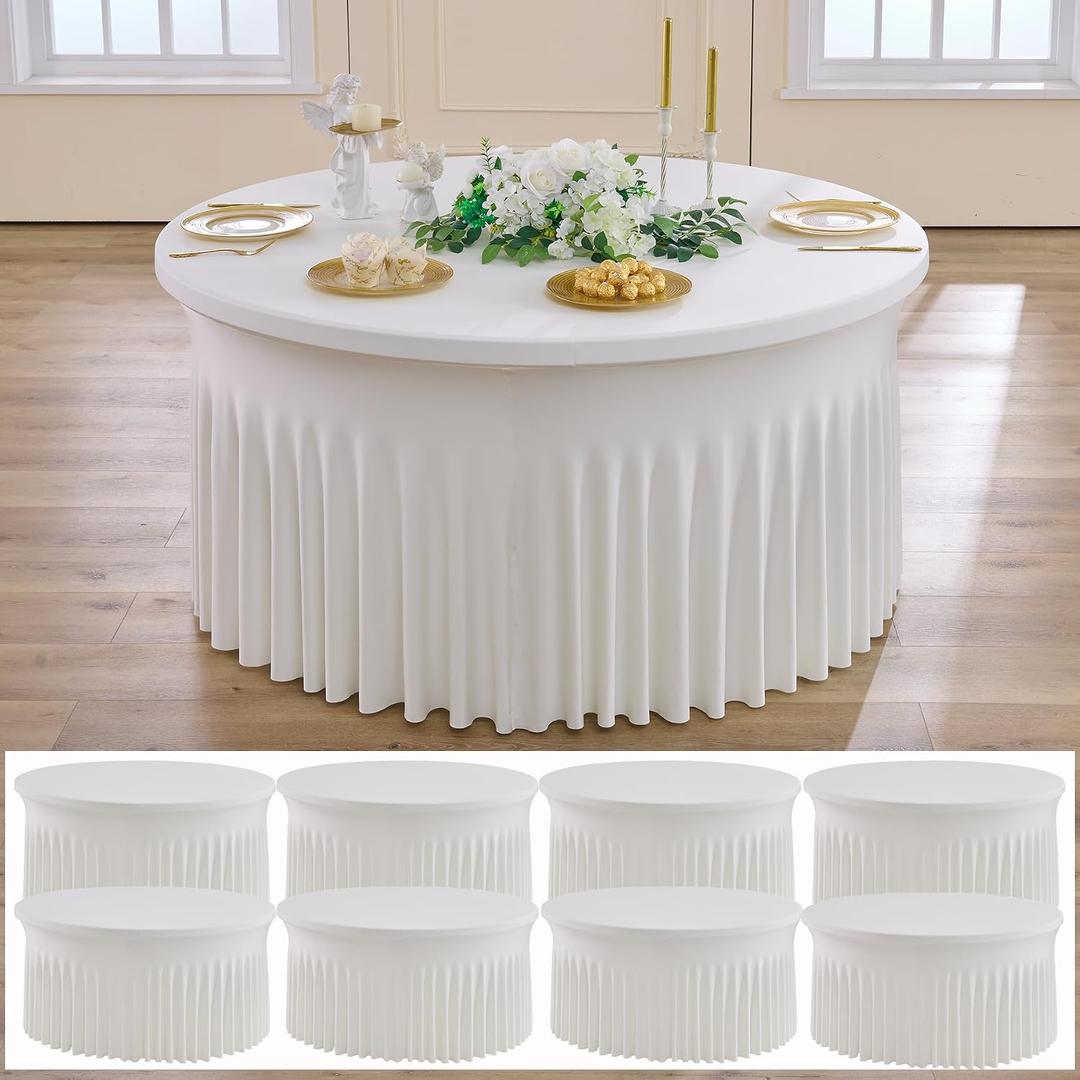 NSSONBEN 8 pk Ivory Round Spandex Tablecloths 60 inch with Ruffled Skirt,Wrinkle Free High-Stretch 120 inch Fitted 5ft Cream Table Cloth Round Spandex Table Covers for Party Wedding Banquet Dinning, 60inch Round_8 Pack