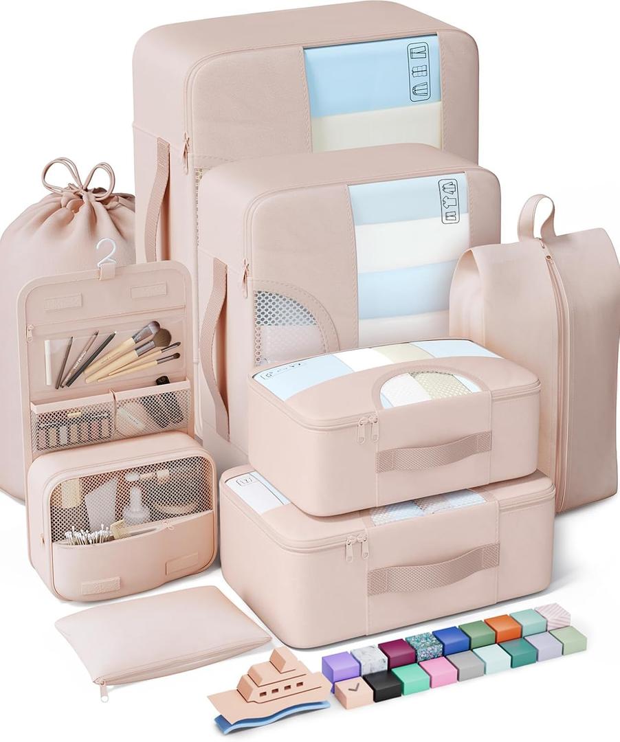 Veken 8 Set Packing Cubes, Cruise Ship Travel Essentials Accessories for Beach Vacation, Personalized Gifts for Women Mom Her, Suitcase Organizer Bags for Luggage with Hanging Toiletry Bag (Dutch Cream)