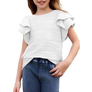 blibean Girls Ruffled Short Sleeve Textured Tops Shirts Size 6-15 Years (White, L)