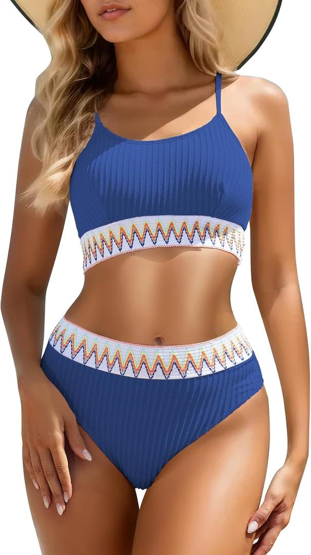 Women's High Waisted Bikini Set Two Piece Crop Top Swimsuit Ribbed Cheeky Bathing Suits (X-Large, Royal Blue)