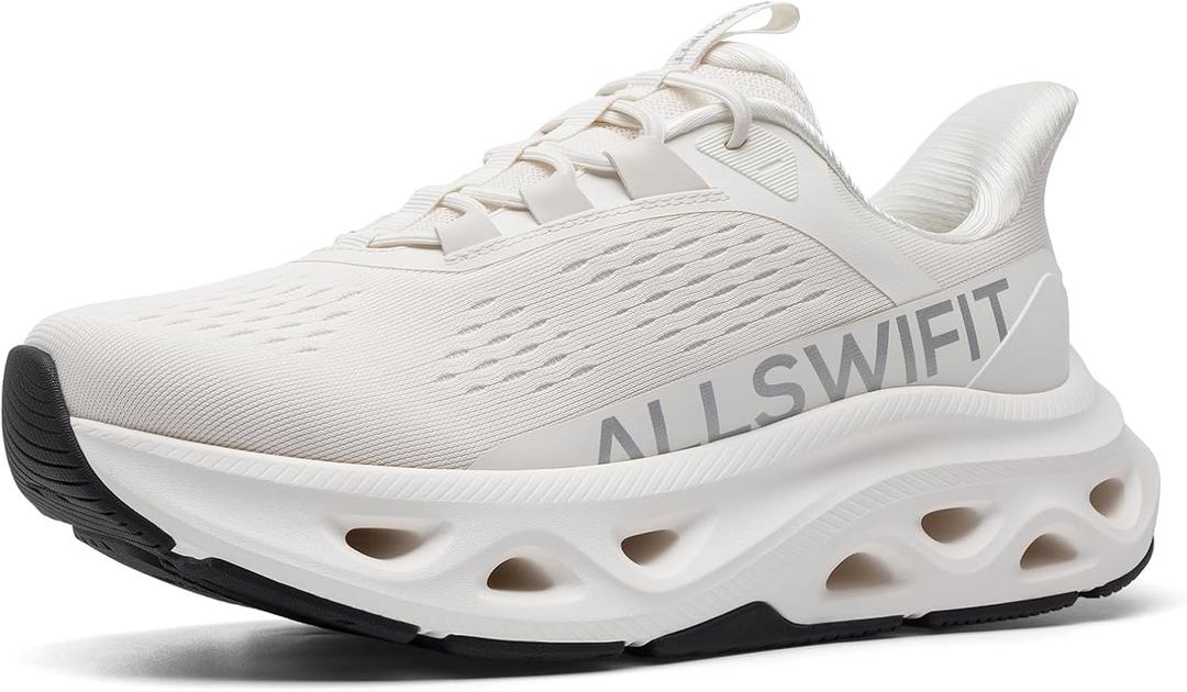ALLSWIFIT Women's Slip On Walking Shoes Cushioning Hands Free Non Slip Breathable Comfort Workout Running Jogging Gym Athletic Tennis MoveSlide Fashion Sneakers,Size 9,White,AWUMRS2506