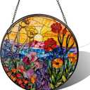 Stained Glass Sun Catcher, Wild Flowers Stained Glass Window Hanging Garden Decor, Sun Catchers Indoor Window, Whimsical Decoration for Home Backyard Patio Lawn Porch with 9.8 Inch