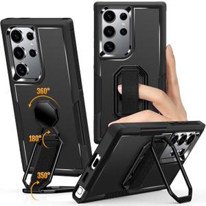 Shields Up for Samsung Galaxy S24 Ultra Case with Stand (Two-Way Stand & Finger Strap), Galaxy S24 Ultra Phone Grip Case with Double Ring Holder, Heavy Duty Shockproof Cover for S24 Ultra, Black