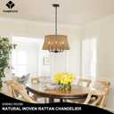 Hand-Woven Rattan Chandelier Vintage Farmhouse Boho Bamboo Chandeliers Light Fixture Retro Drum Wicker Rattan Black Chandelier for Dining Room, Kitchen, Living Room