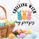 5 x Muktoujaumai Easter Wall Sign Decor, Easter Spring Hanging Sign Decorations Farmhouse Decor Wall Sign for Home, Living Room, Bedroom, Office, Chilling with My Peeps