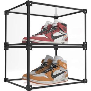 Magnetic Side Open Transparent Plastic Storage Shoe Box Clear Shoe Display Case Sneaker Shoe Storage Box Display Box Shoe Container Clear Closet Shelf Shoe Organizer Container (Black 2PC) (Black Aluminum Frame)