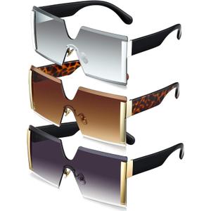 Frienda 3 Pieces Oversized Square Sunglasses for Women Trendy Fashion Rimless Frame Glasses Transparent Eyewear (Gray, Silver, Brown)
