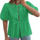 KIRUNDO Peplum Tops for Women 2026 Summer Eyelet Tie Front Blouses Casual Short Lantern Sleeve Cute Y2K Lace Babydoll Shirts (Green, S)