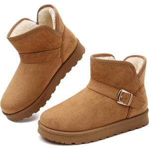 Winter Mini Boots for Women: Faux Fur Lining Ankle Snow Booties With Fluffy Trim and Buckle Decor Warm Slip On Comfort Shoes (9, Chestnut-flat)