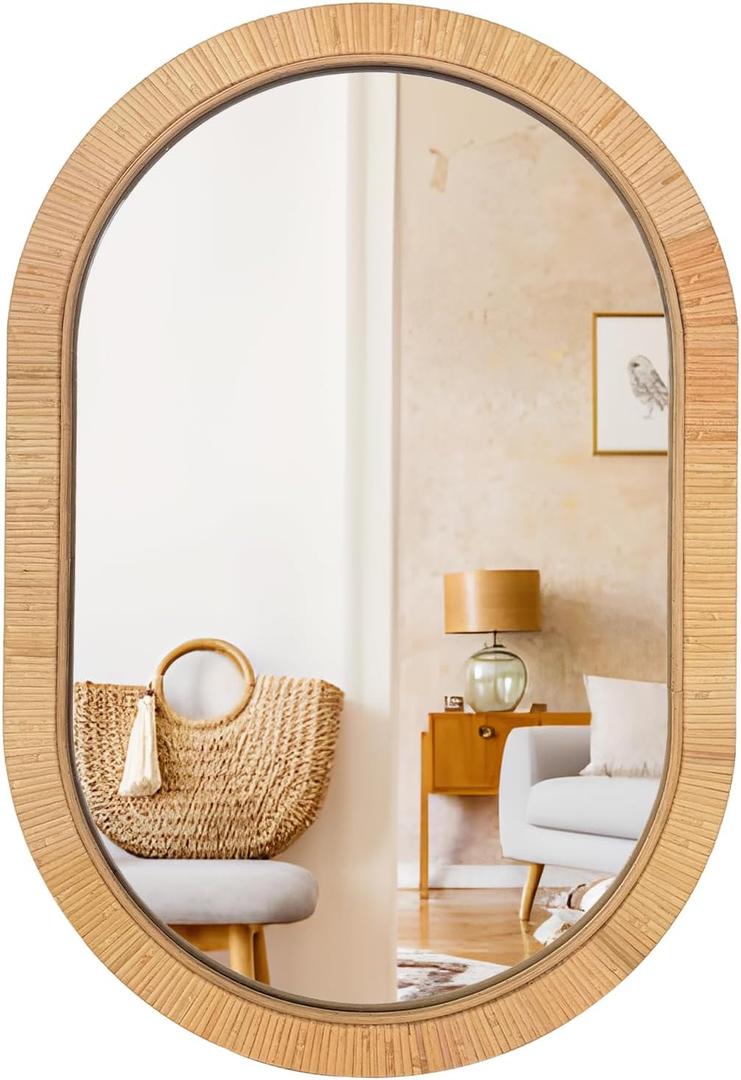 20x30 Oval Rattan Mirror for Wall, Boho Decorative Mirror for Bathroom Vanity, Farmhouse & Natural Home Decor for Bedroom, Living Room