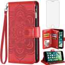 Asuwish Phone Case for iPhone 7plus 8plus 7/8 Plus Wallet Cover with Tempered Glass Screen Protector and Flip Credit Card Holder Stand Cell Accessories i Phone7s 7s + 7+ 8s 8+ Phones8 7p 8p Women Red