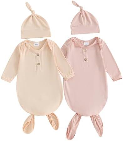 Newborn Knotted Gown 2 Pack Plain Sleeper for Baby Boy Girl Coming Home Outfit 0-3 Months