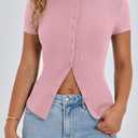 PRETTYGARDEN Women's Short Sleeve Summer Tops 2025 Trendy Ribbed Knit Button Up Tight Basic Tees Shirts Going Out Y2K Clothes (Pink, M)