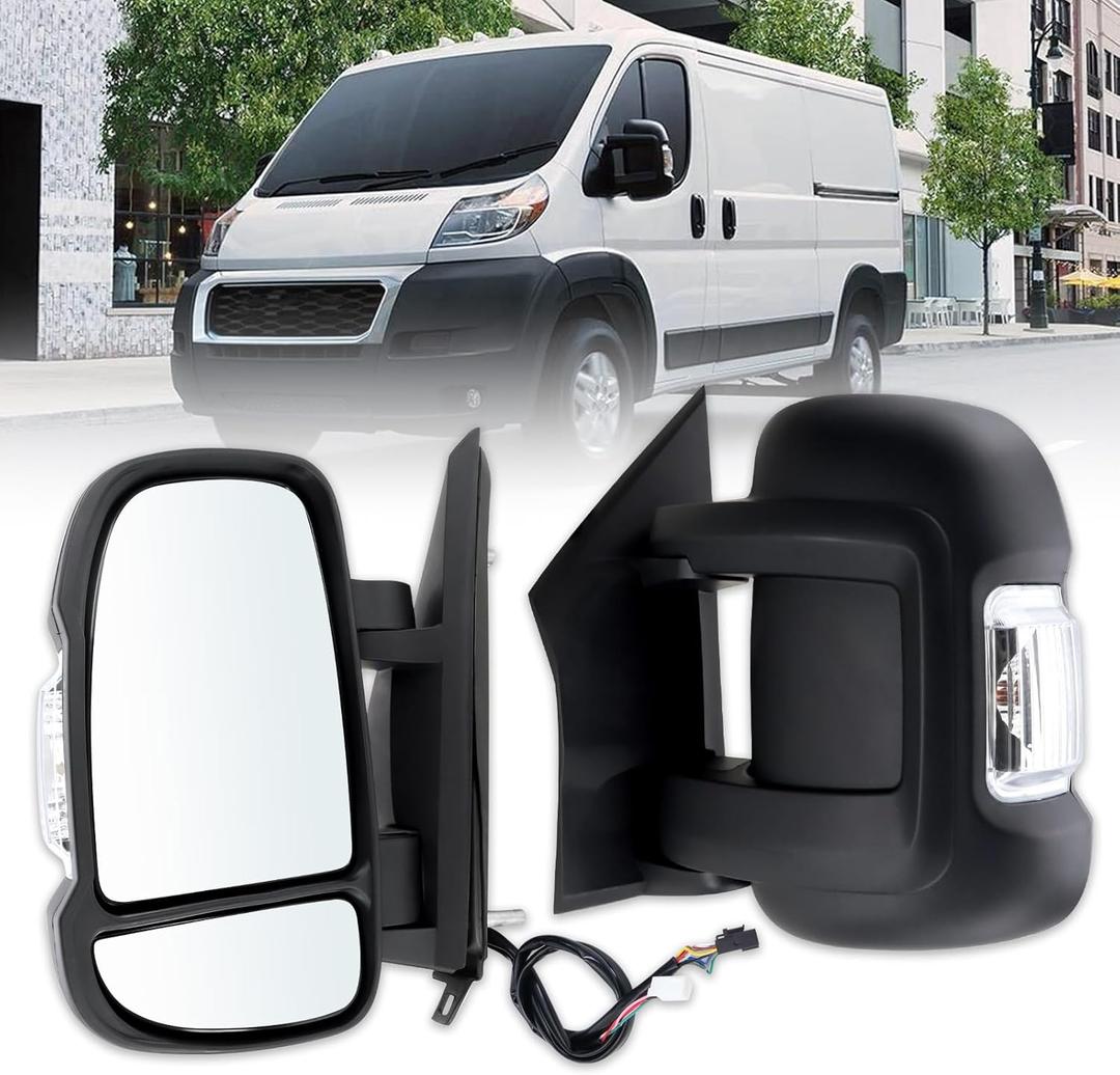 Left Driver Side Door Mirror Compatible With 2014-2025 Ram Promaster 1500 2500 3500 With Power Glass Power Folding Turn Signal Heated Temperature Sensor Black Replace#CH1320432(8+4Pins)