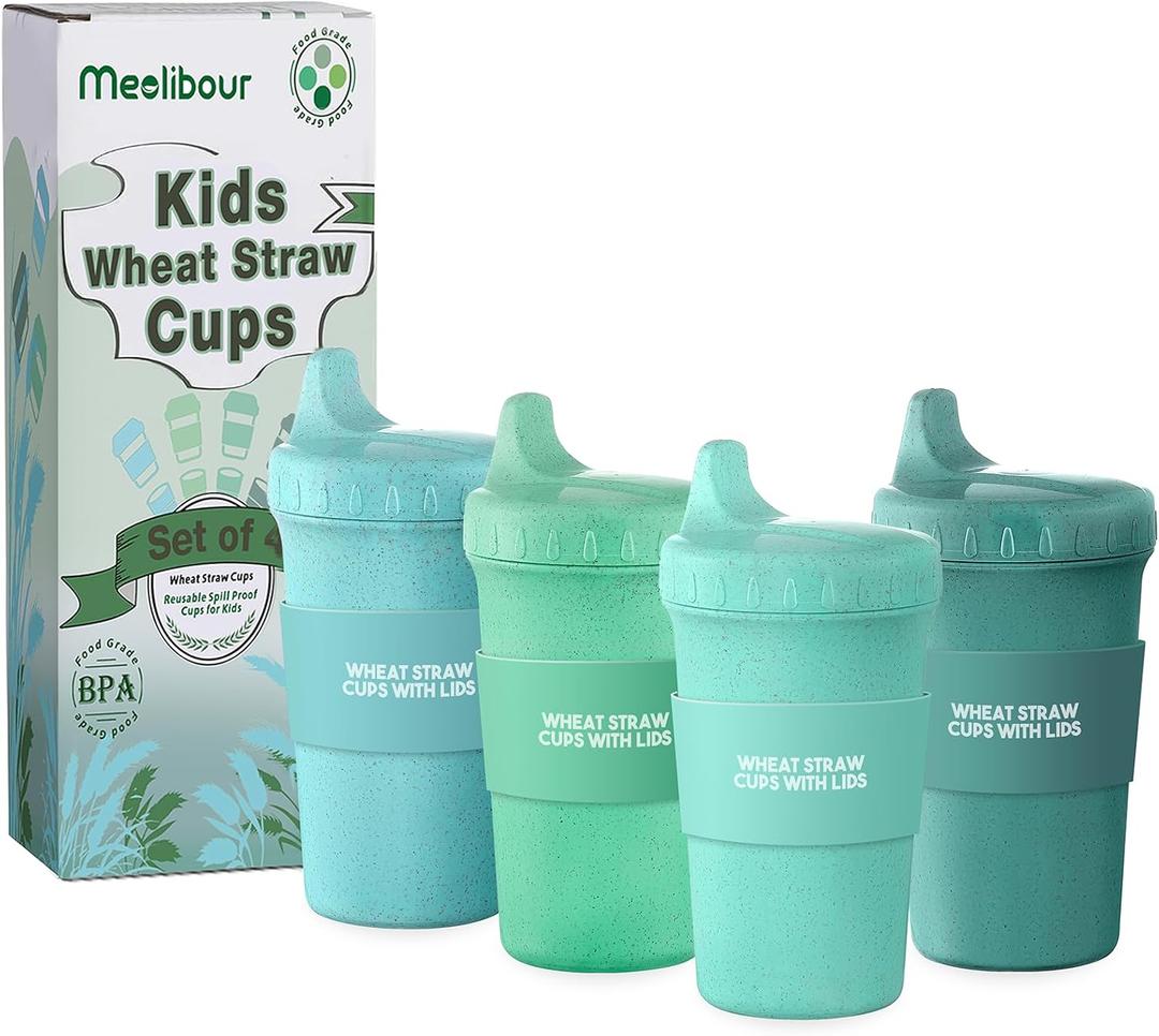 Meolibour 4 Packs Wheat Straw Sippy Cups for Toddlers Kids, Reusable Plastic Spill Proof Cups for Kids Baby, Dishwasher/Microwave Safe - Unbreakable Hard Spout Sippy Cups for Toddlers