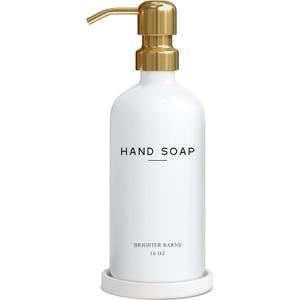 Luxury Glass Hand Soap Dispenser Bathroom Set by Brighter Barns - Hand Soap Dispenser with Stainless Steel Pump - Glass Bottle with Round Tray - White and Gold Bathroom Decor & Accessories (Gold)