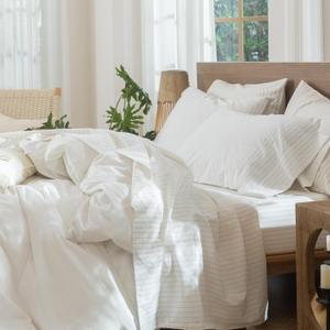 MooMee Striped Sheet Set 100% Washed Cotton Linen Like Textured Breathable Durable Soft Comfy (White Almond Milk Grey Wide Stripes, King)