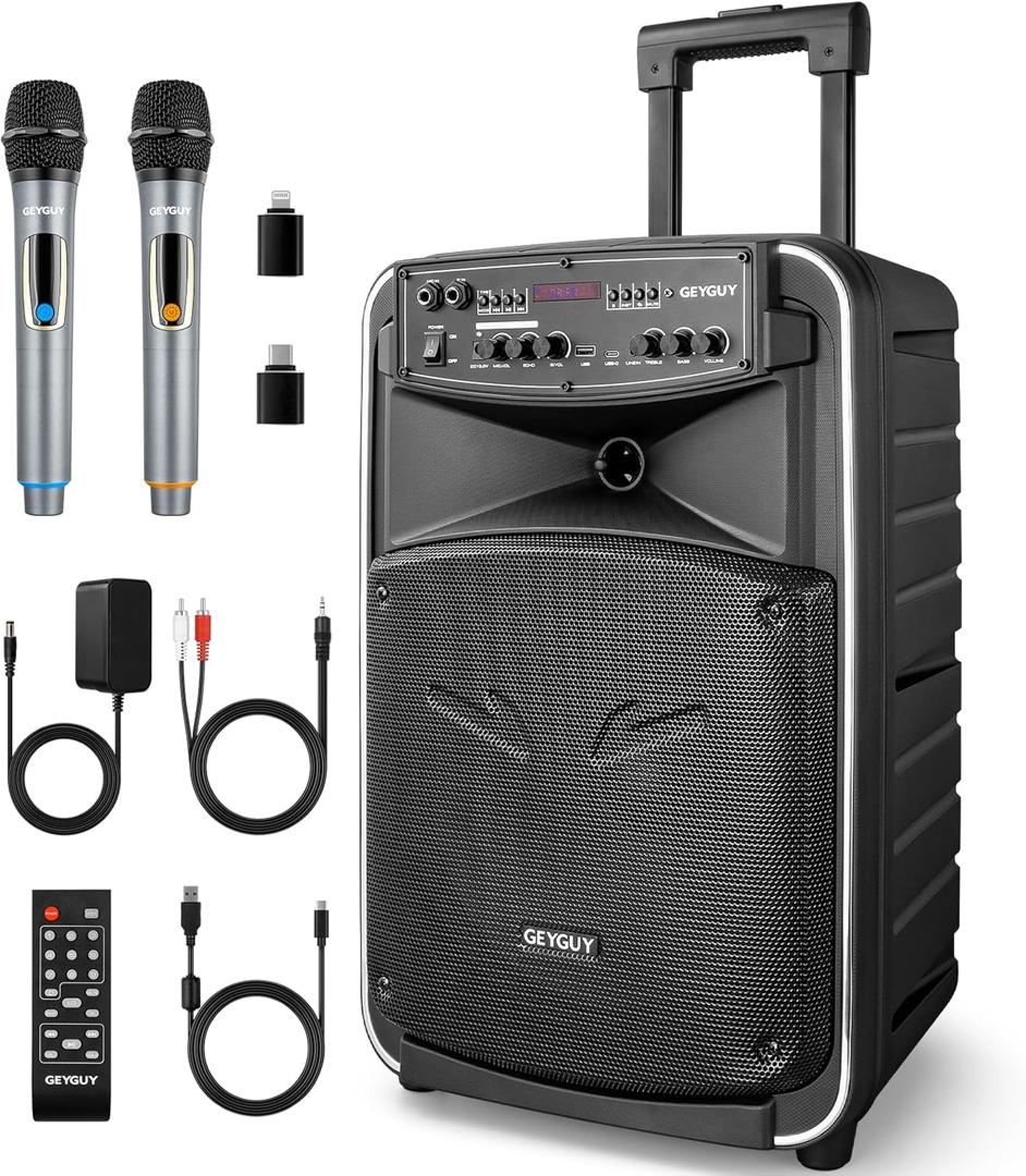 GTSK12-2 Portable Bluetooth PA Speaker System - 12'' Subwoofer, UHF Wireless Mics, TWS Stereo Pairing, USB-C/MP3/SD/FM/AUX, Rechargeable Battery, Rolling Wheels for Party, Events
