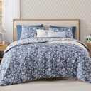 BLOOMHAVEN Queen Comforter Set -7 Pieces Floral Oxford Blue Comforter Set for All Seasons, Bed in a Bag Queen with Botanical Flowers Comforter, Sheets, Pillowcases & Shams, Oxford Blue, Queen