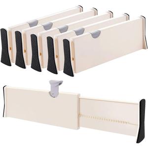 Drawer Dividers Organizer 5 Pack, Adjustable Separators 4" High Expandable from 11-17" for Bedroom, Bathroom, Closet,Clothing, Office, Kitchen Storage, Strong Secure Hold, Foam Ends, Locks in Place (Beige)