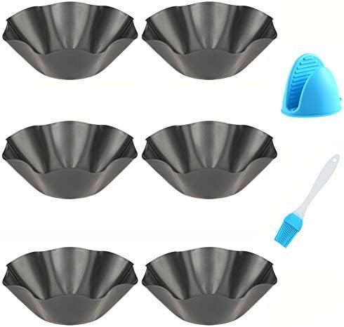 Abgream Tortilla Pan Set - 4 Pack Carbon Steel Non-Stick Taco Salad Bowl Tortilla Shell Maker Black Baking Pans with a Silicone Potholder and a Basting Brush (Large)