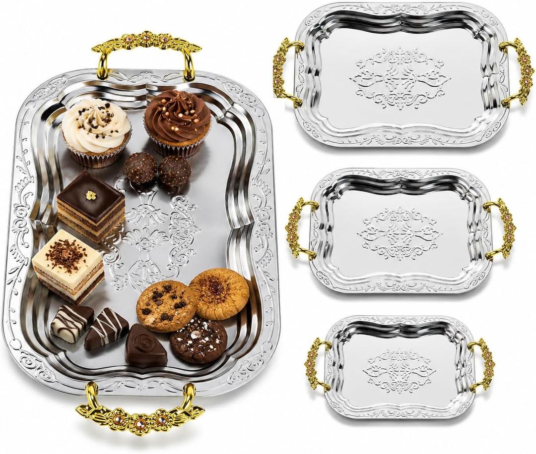 3-Pack Silver Serving Trays Stainless Steel – 15.7''+13.7''+11.8''