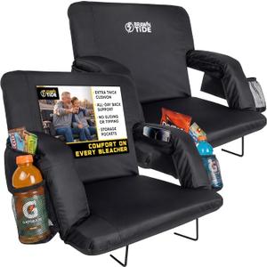 BRAWNTIDE Stadium Seat for Bleachers with Back Support - Wide Padded Reclining Bleacher Seat, Portable Folding Stadium Chair with Armrests, Hooks, Straps, Cup Holders & Pockets (Black, 23", 2 Pack)