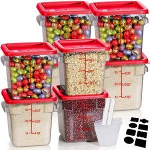 4QT NSF Food Storage Containers: 8 PCS [Food Grade][Hot&Cold Resistant] Commercial Clear Square Food Storage Containers with Scales Handles for Home Restaurant Kitchen Proof Dough (Red)