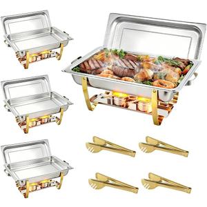Stelora Chafing Dishes for Buffet, 9 Qt High Grade Chafing Dish Buffet Set, Rolled-Edge Design Food Warmers for Parties, Buffet, Wedding, Birthday, Camping 4 Pack 4 Pans (Gold)