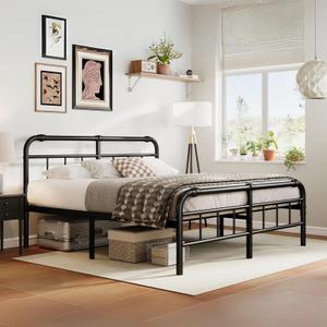 ZIYOO Metal King Size Bed Frame with Vintage Headboard and Footboard, 18 Inch High, Heavy Duty 3500 Pounds Support No Box Spring Needed Platform, Non-Slip and Noise-Free, Easy Assembly Black