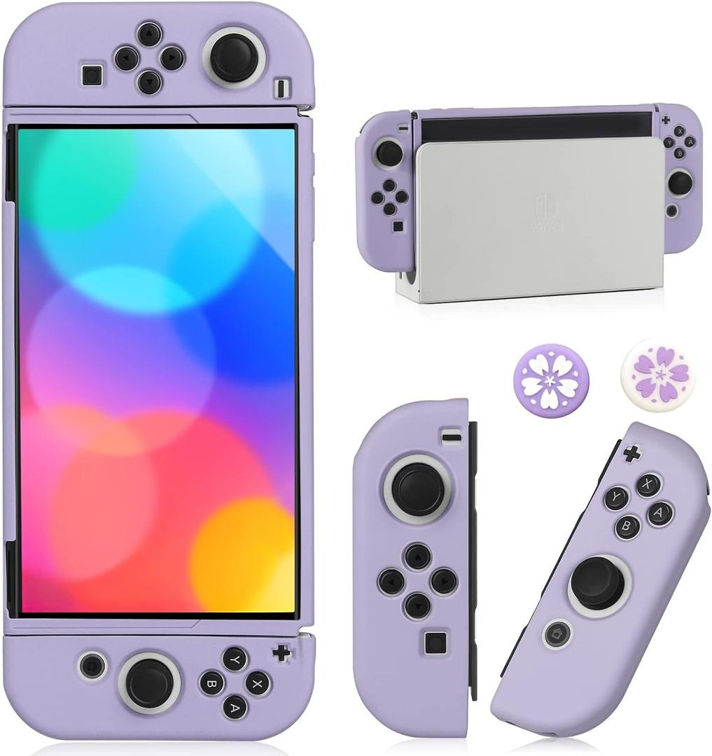 Switch OLED Case for Nintendo Switch OLED Model, Dockable Cover Soft TPU Protector Case for Switch OLED Grips & Console and Accessories with 2 Pcs Thumb Caps, Purple