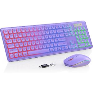 Wireless Keyboard and Mouse Combo, RGB Backlit, Rechargeable & Light Up Letters, FullSize, Soft Typing, Sleep Mode, 2.4GHz Quiet Keyboard Set for Mac, Windows, Laptop, PC, Trueque (Purple)