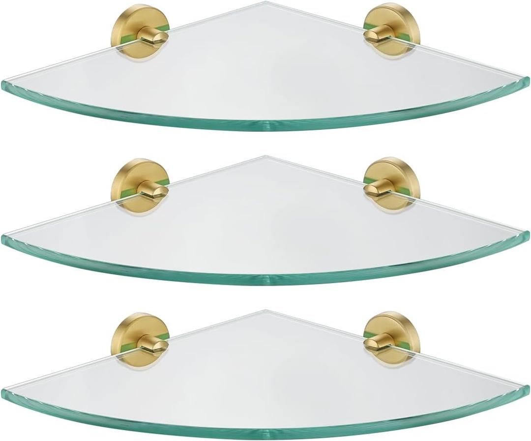 JQK Corner Glass Shelf, Brushed Gold Bathroom 304 Stainless Steel Shower Triangle Floating Wall Shelf, 10 x 10 Tempered Glass, 3 Pack, TGS190L10-BG-P3