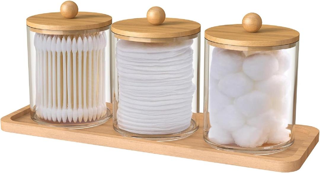 3 Pcs Cotton Swab Ball Pad Holder, 10 Oz Clear Holder Dispenser Containers for Bathroom Organizers and Storage with Bamboo Lids and Tray