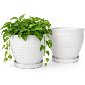 13.8 Inch Round Plastic Planters Urns, Set of 2, White Flower Pots, 13.78 inches x 10.83 inches