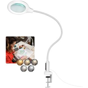 26" Gooseneck Magnifying Lamp with Clamp, 5 Color Modes Stepless Dimmable LED Desk Light with Magnifying Glass, 10X Real Glass Lighted Magnifier Hands Free for Painting Close Work Craft Hobby
