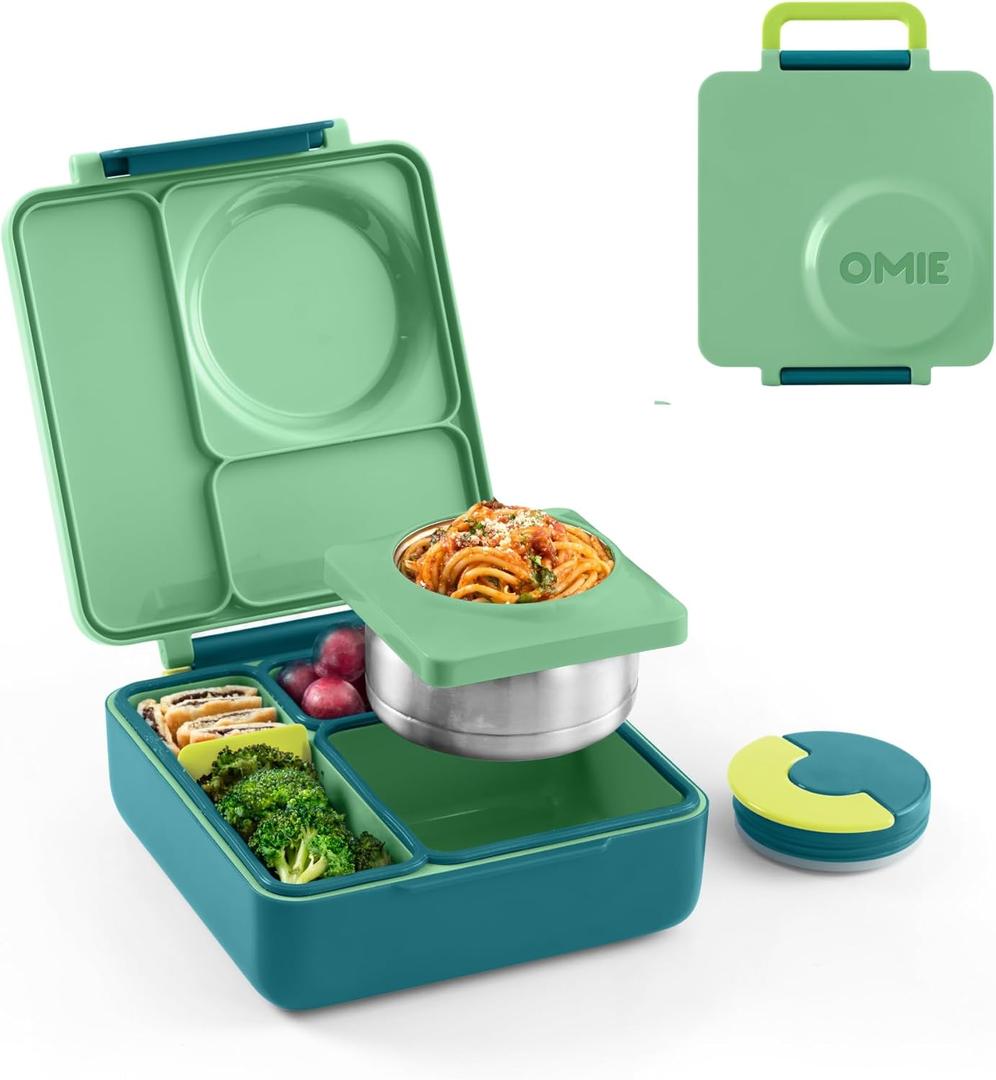 OmieBox Bento Box for Kids - Insulated Bento Lunch Box with Leak Proof Thermos Food Jar - 3 Compartments, Two Temperature Zones - (Meadow) (8.5 Ounces)