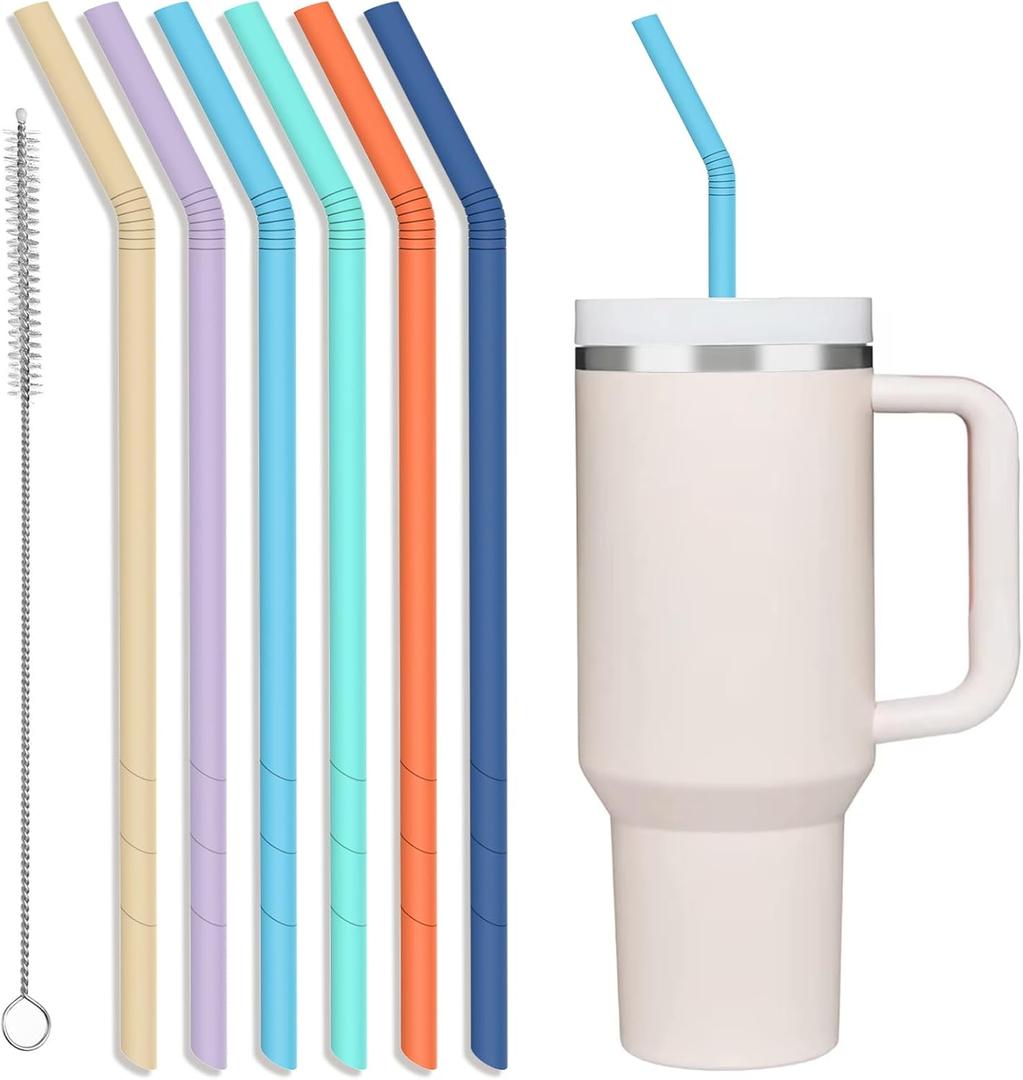 XANGNIER Pastel Color 14 Extra Long Silicone Replacement Straws for Stanley 40 oz Cup,Reusable Flexible Tall Big Drinking Straws with Cleaning Brush for 20,30 Ounce Tumblers,6 Pack
