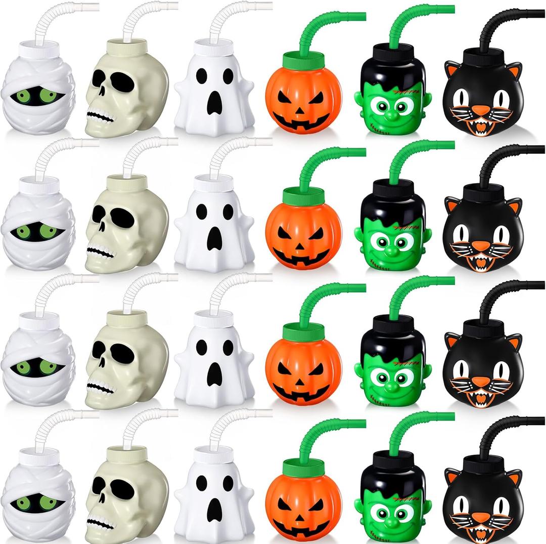 Umigy 24 Pack Halloween Cup Set for Kids - 10 oz Reusable Plastic Cup with Lid & Straw Gift Bulk for Halloween Party Favor Supplies