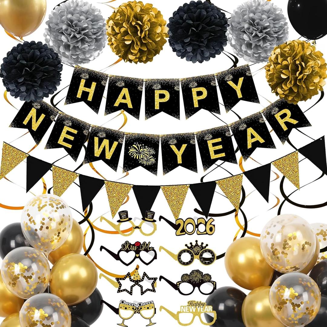 Happy New Years Decorations 2026, Black and Gold New Years Banner, Triangle Flag Banner and Hanging Swirls, Pompoms with Confetti Balloons, Glasses, Eve Party Supplies 2026