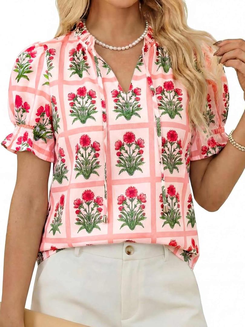 Tankaneo Women Summer Floral Ruffle V Neck Puff Sleeve Boho Tops (Red, L)